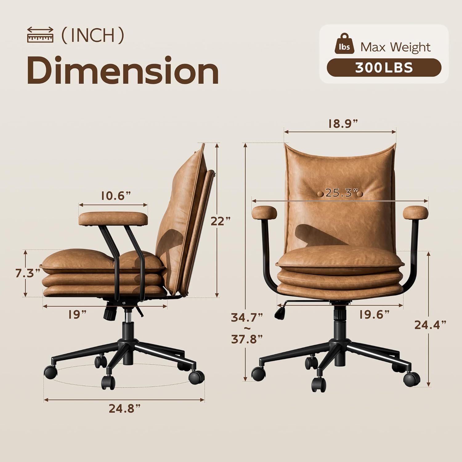 Brown Office Chair with Triple-Layers Thicken Wide Seat, Mid Back Leather Desk Chair with Wheels and Arms, Mid-Century Modern Computer Chair for Home Office