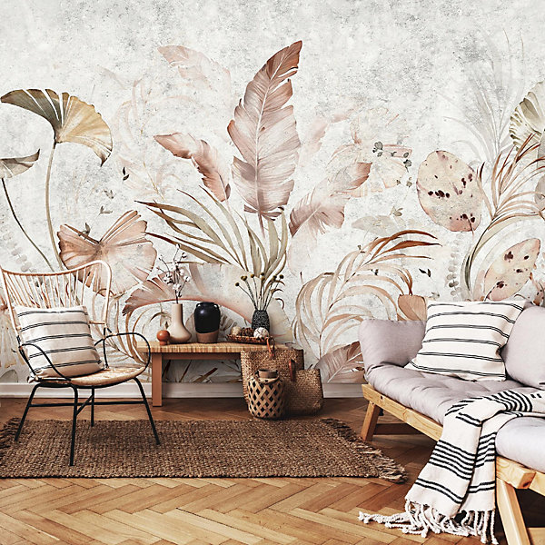 Papier Peint Panoramique Intissé Feuilles Béton Gris - 416x254 cm - Papier Peint Chambre et salon