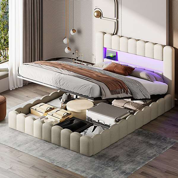 Lit double 180x200cm avec rangements, lit de souche avec éclairage LED, lit capitonné lit adulte lit ado, lin beige