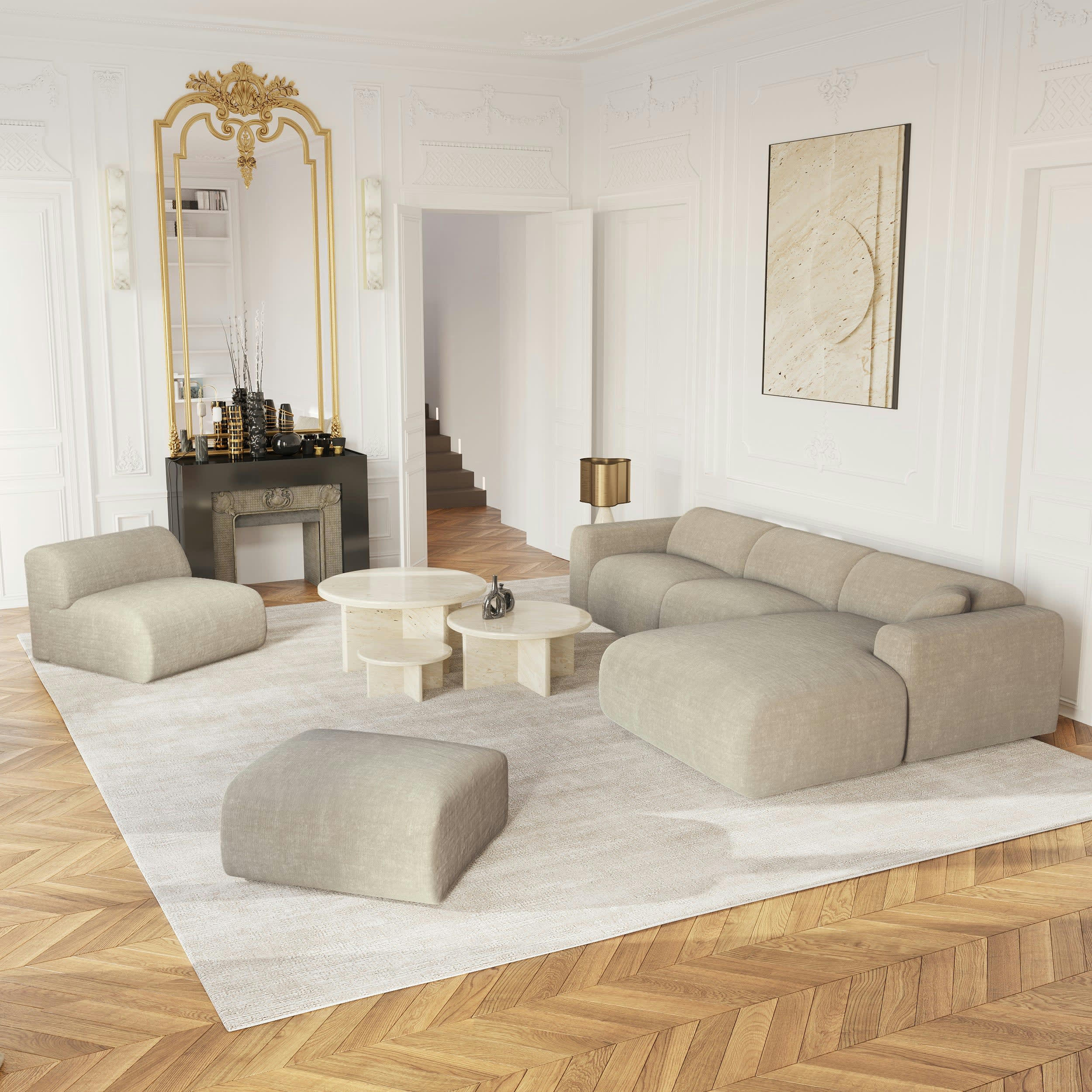 MYRA - Canapé grand angle droit velours texturé beige