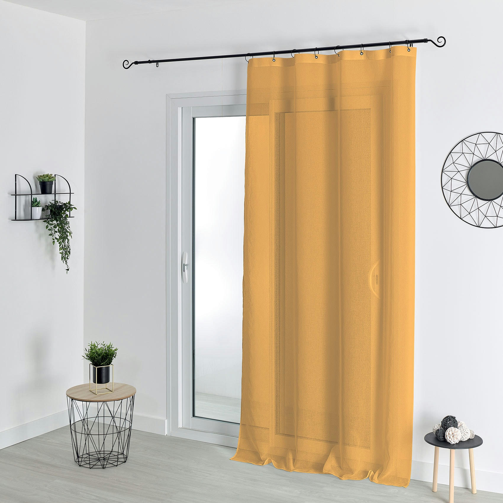 - Voilage à anneaux noirs amovibles polyester jaune ocre 140x240 cm