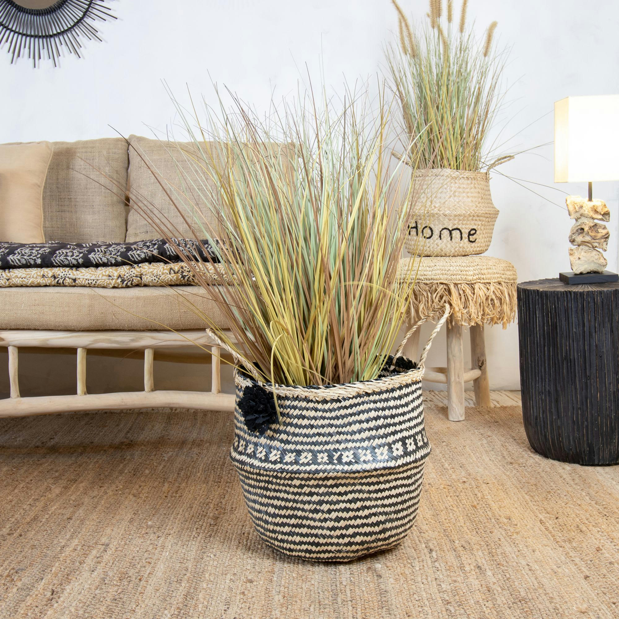 HANOI - Panier pot en jonc de mer noir et beige h45cm