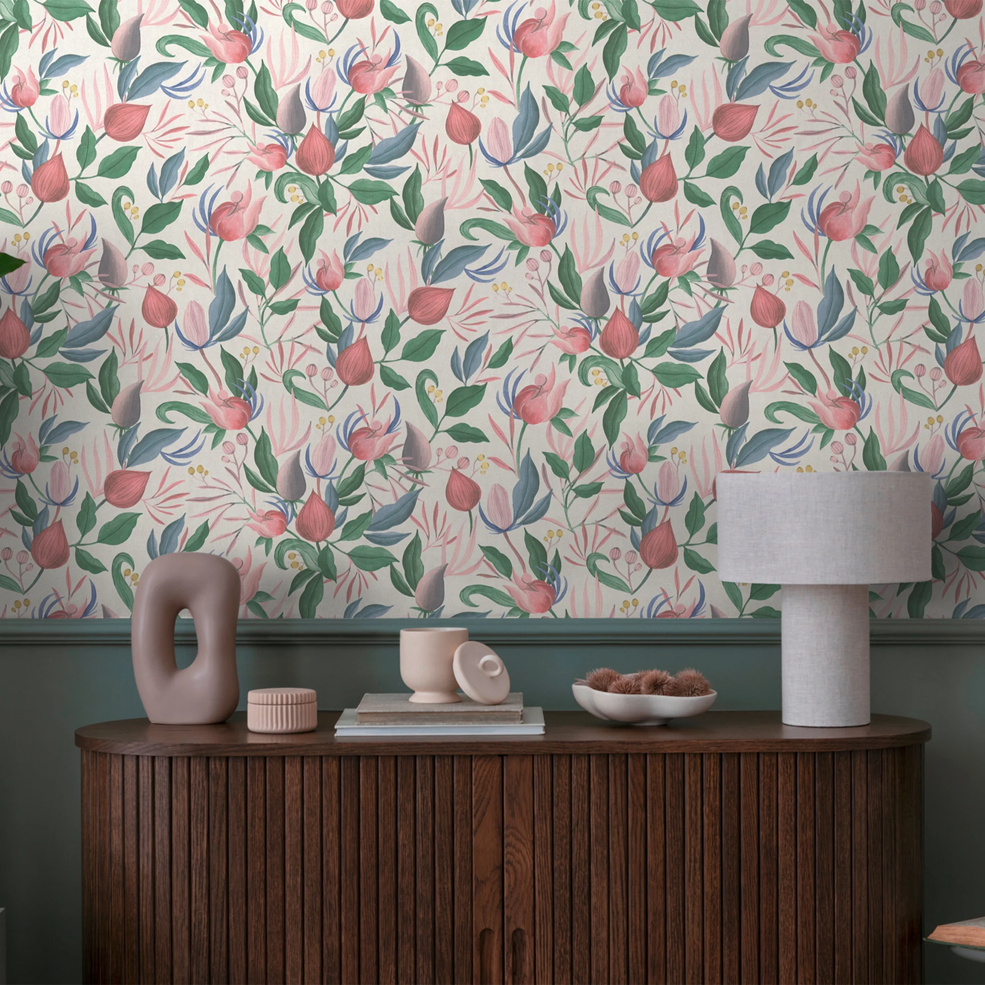 CosmoLiving Papier peint intissé STILL BLOOM rose et vert feuille