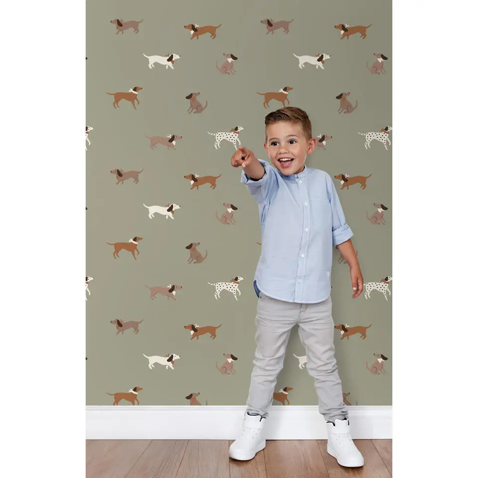 ESTAhome behang honden groen en bruin - 50 x 900 cm