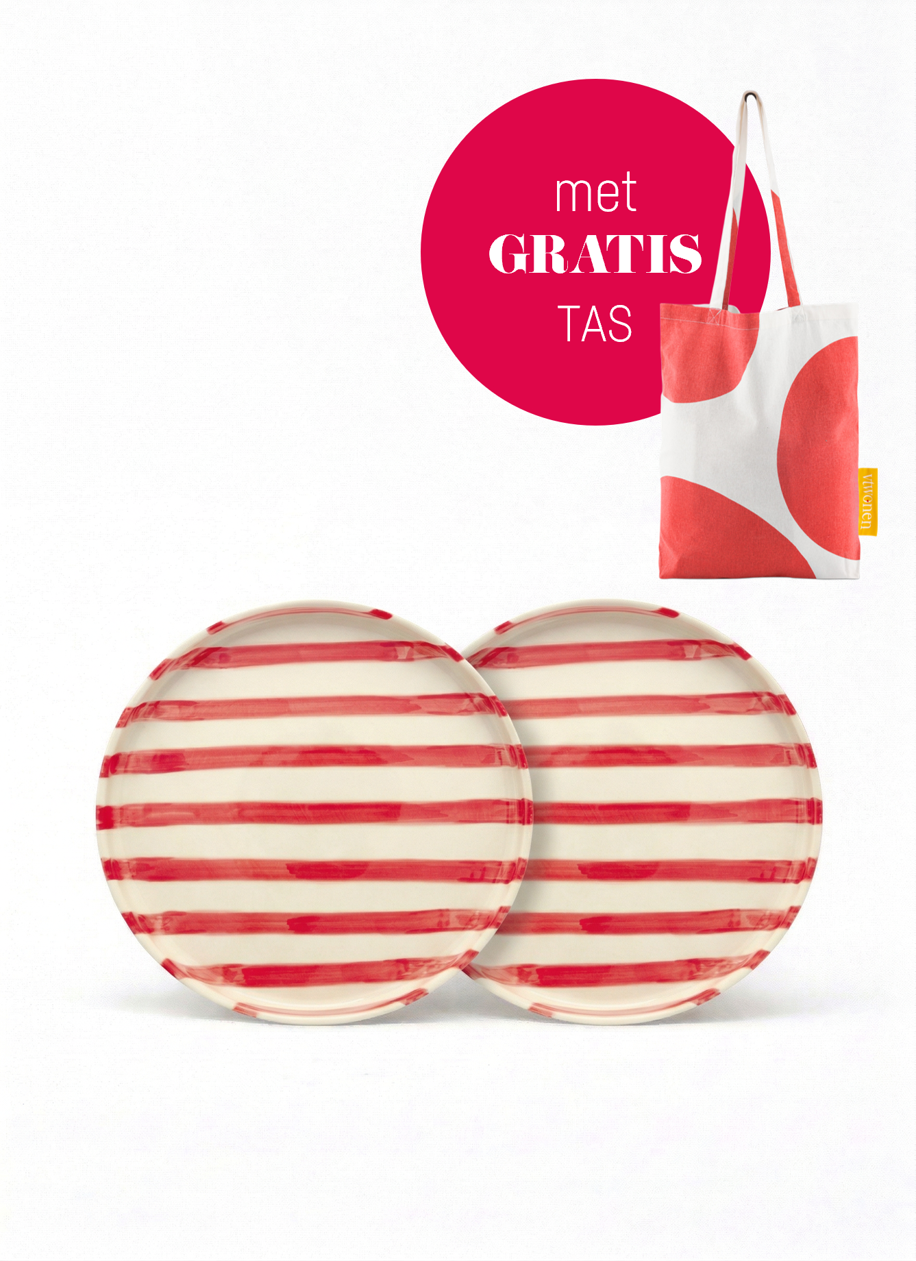 vtwonen - Lunchbord - Strepen - Rood - Set van 2 - Keramiek - 20cm