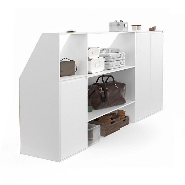 Ensemble étagère 2 niveaux, armoire 2 portes et armoire 1 porte   1 niche sous pente TOMI blanc