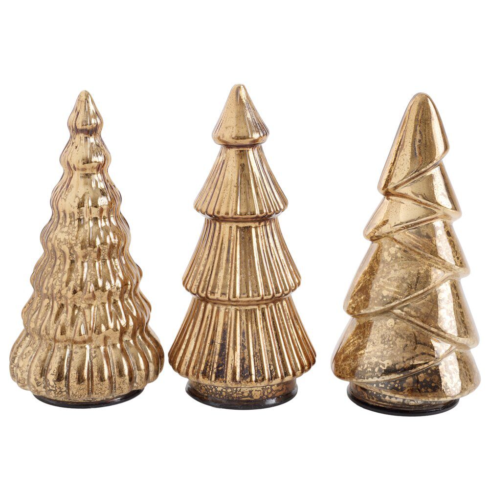 Sapin de No&euml;l x3 avec LED en verre jaune doré Ø9xH17,5cm