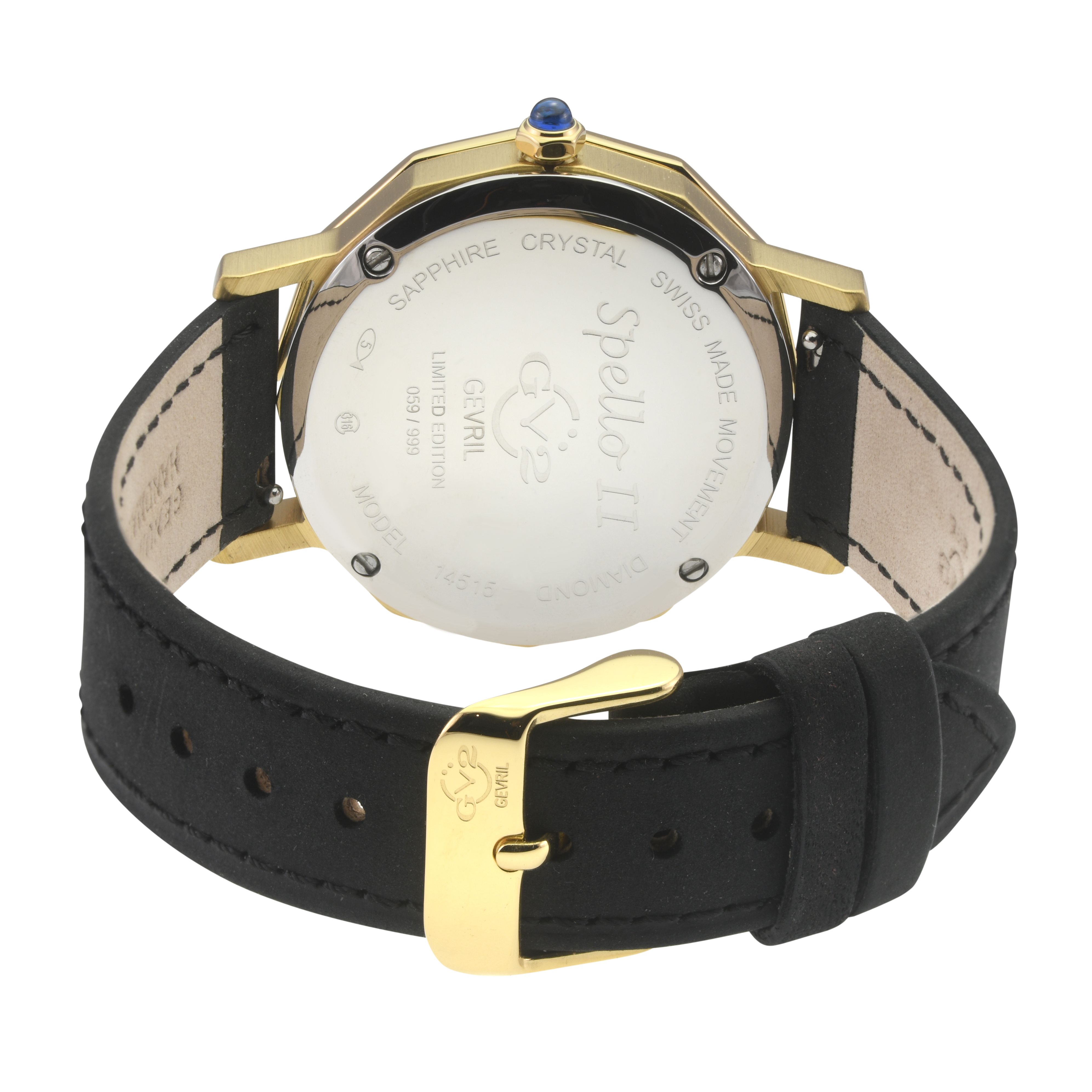 GV2 Spello II IP Gold Case, Black MOP Dial, Black Handmade Italian Leather Strap