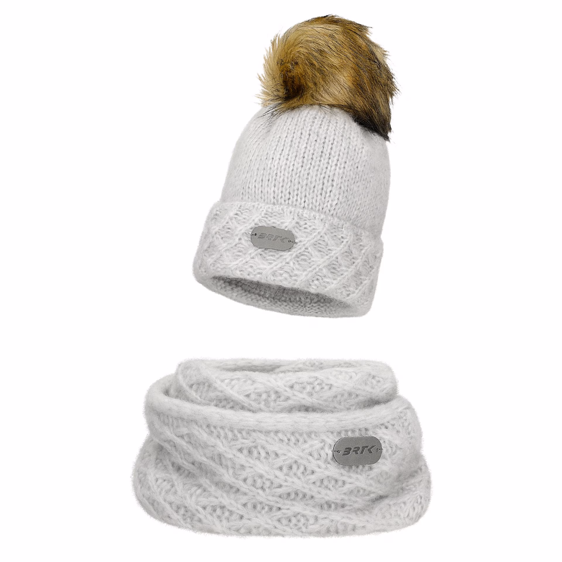 Szary zestaw BARTEK z wełną merino 85602-80 czapka z puchatym pomponem   komin