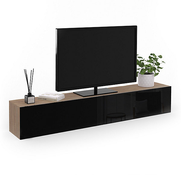 Meuble TV 180 cm suspendu ELIO 2 portes bois et noir