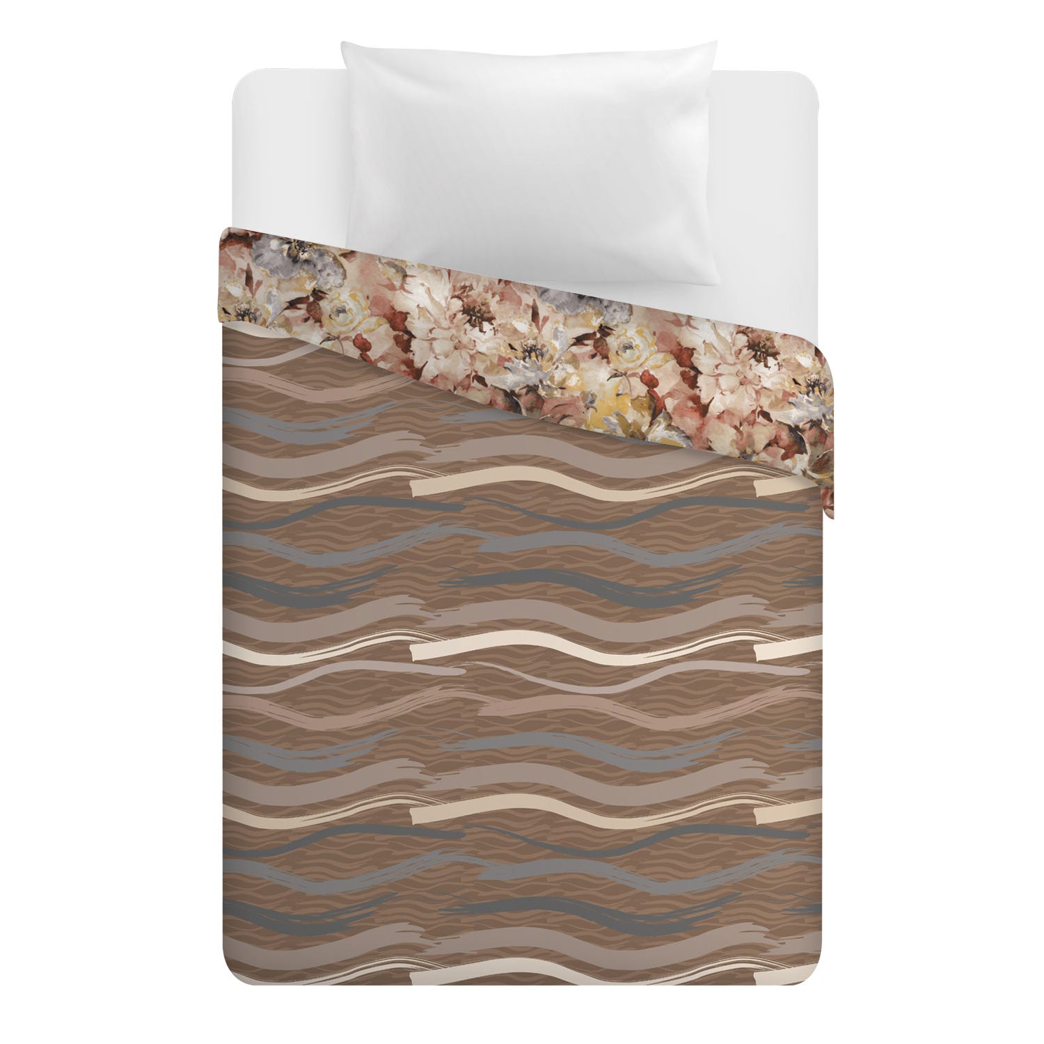 Trapunta 1 piazza e mezza double face a fiori e righe beige