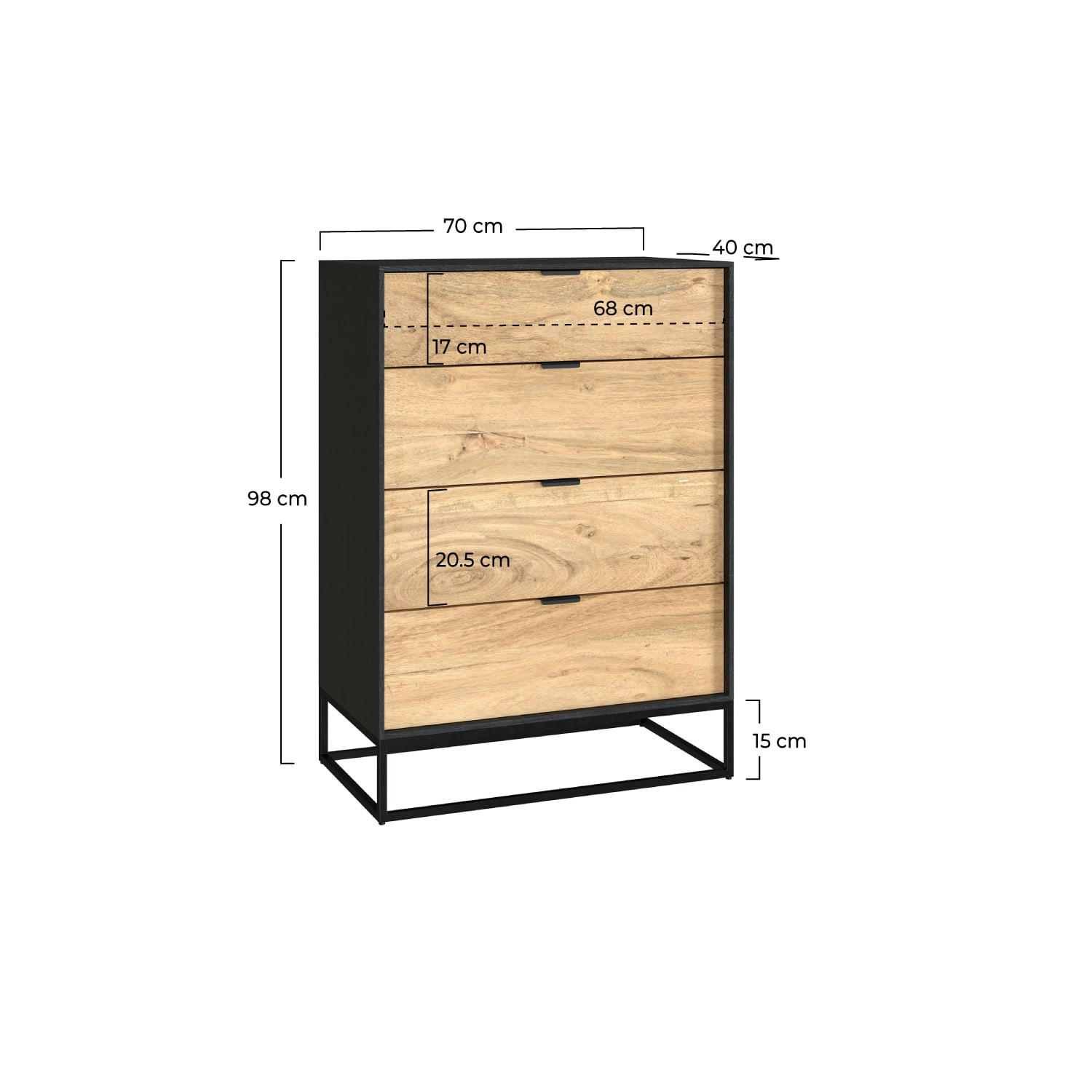 JAKSON - Commode 4 tiroirs en bois d'acacia et pieds en métal