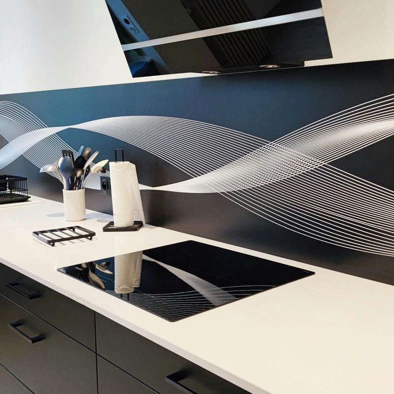 COURBES MONOCHROMES - Crédence cuisine Lot de 2 crédences ALU L120xH 50cm Noir Géométrique