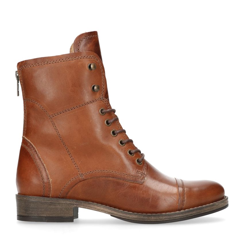 Manfield Cognac leren veterlaarzen met bont voering