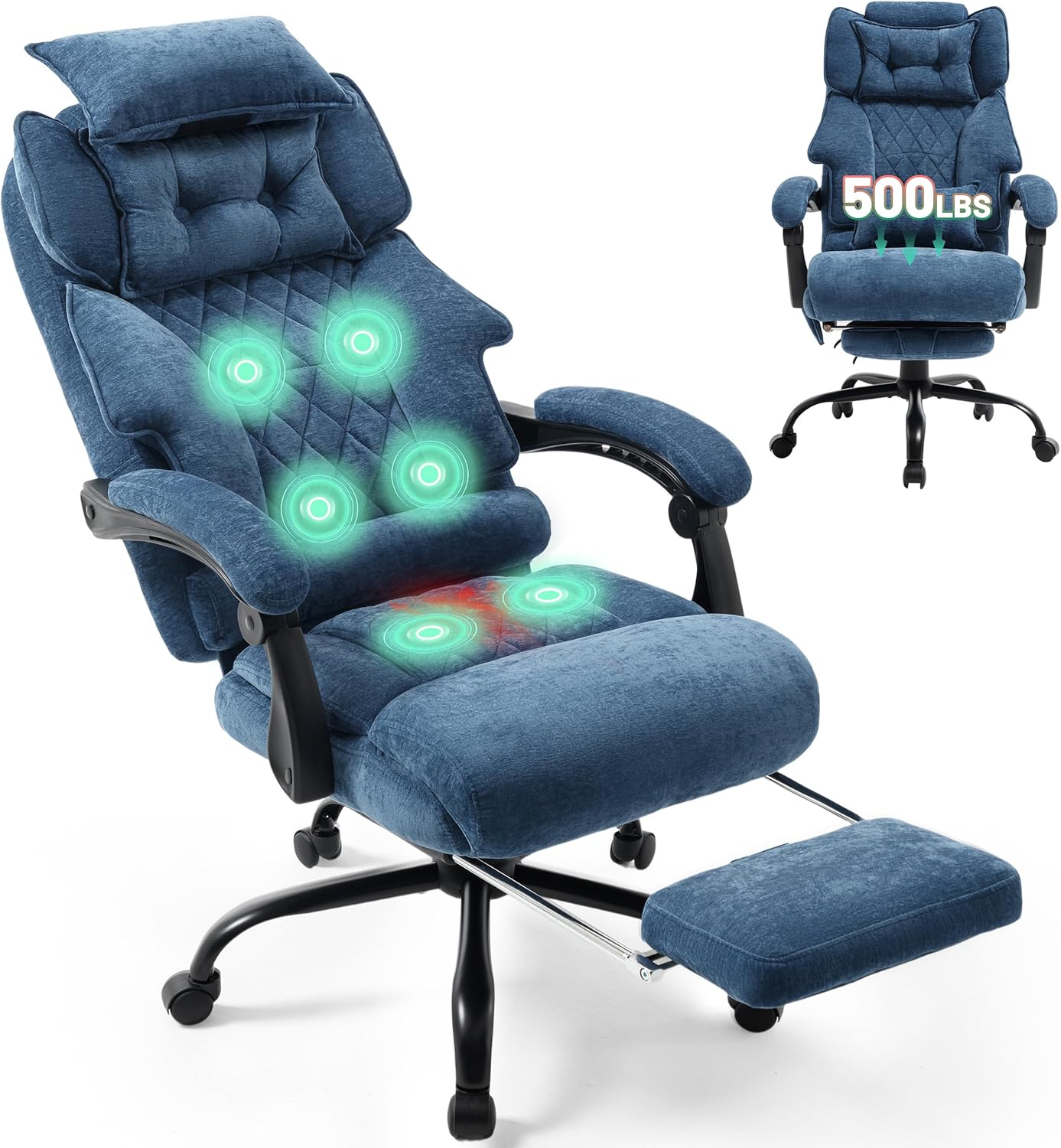Massage Office Chair with Foot Rest,6 Points Vibration & Heat Executive Office Chairs for Heavy People,500LBS Big and Tall Office Chair,Ergonomic Reclining Desk Chair,Dual-Use Pillow,Home Office,Blue