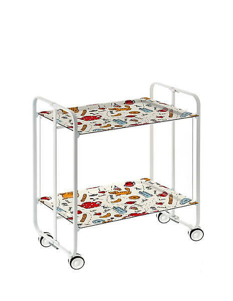 Desserte pliante BAUHAUS avec roulettes, Structure blanche, 2 niveaux, 4 positions