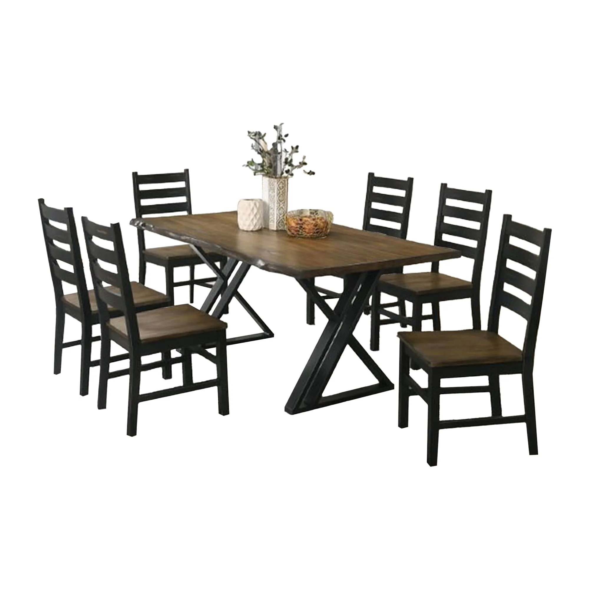 Reby 7pc Dining Table and Chair Set, Rustic Black Metal, Oak Brown