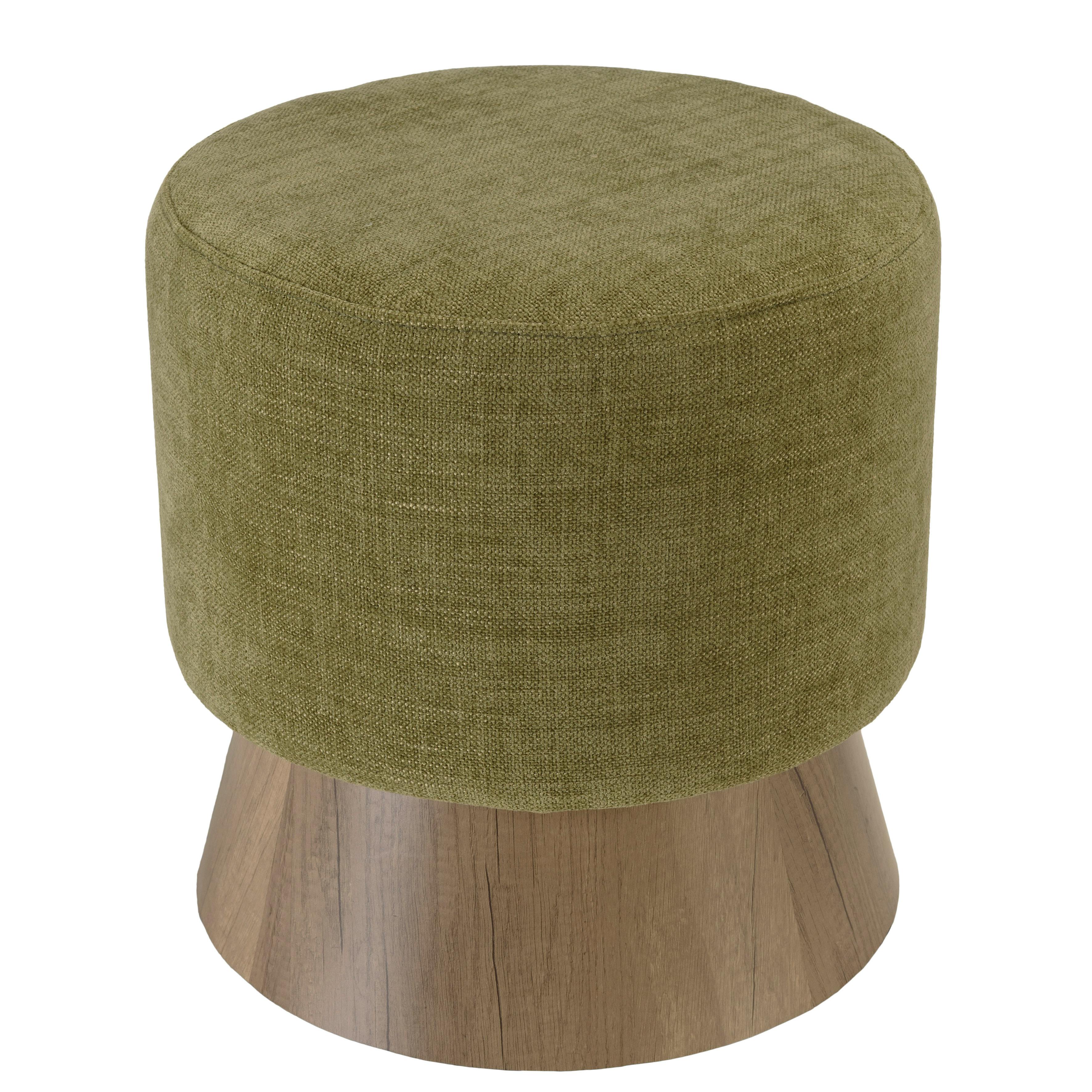Pouf rond en tissu vert et pied bois CASTILLE