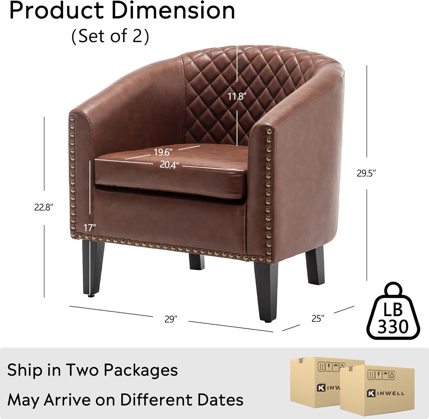 KINWELL 29 W Faux Leather Barrel Chairs Set of 2, Modern PU Upholstered Tufted Club Chairs with Nailhead Trim, Small Armchairs Accent Chairs for Living Room Bedroom Apartment Lounge Nursery, Brown