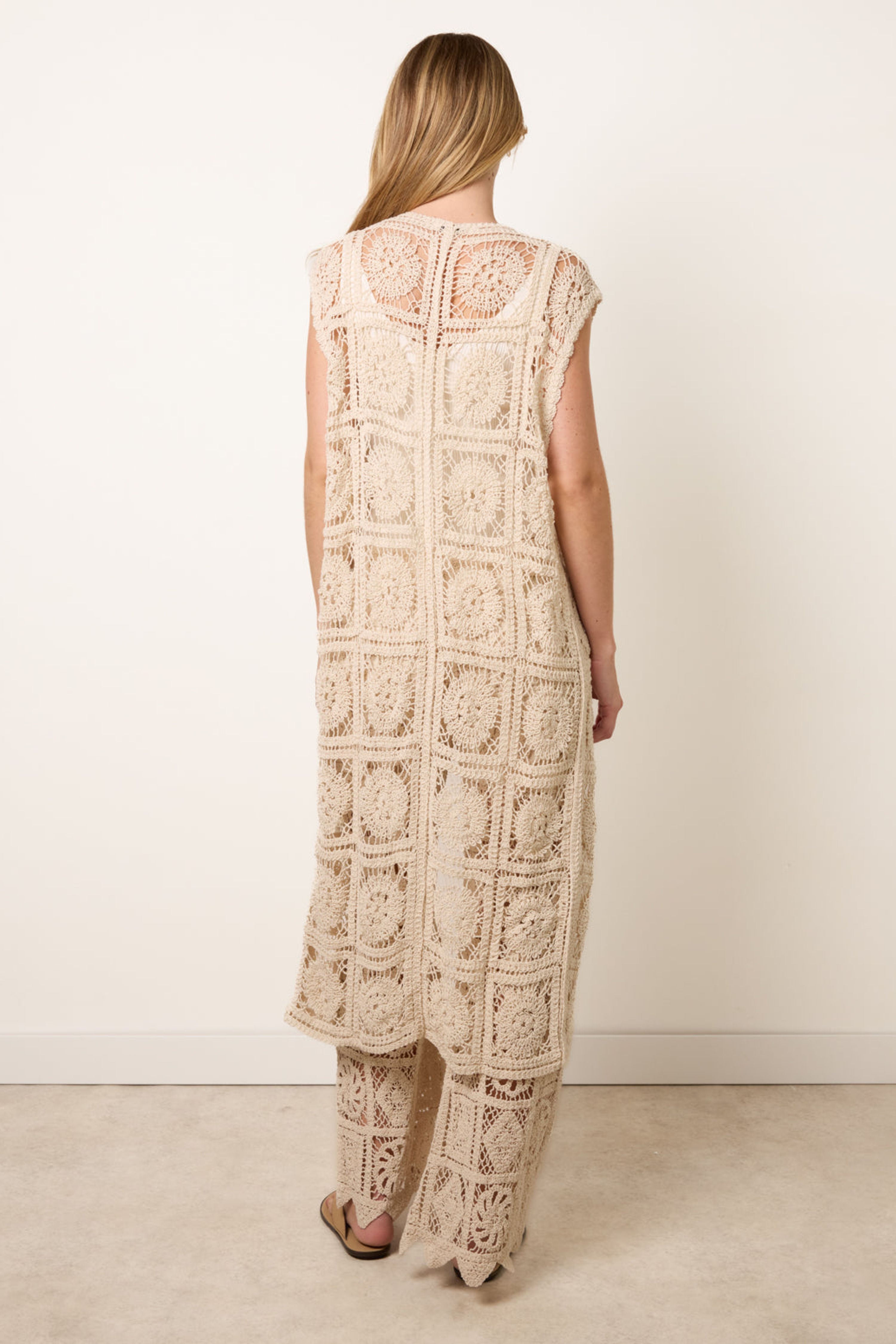 Blue Vanilla Beige Crochet Detailed Tie Front Cardigan