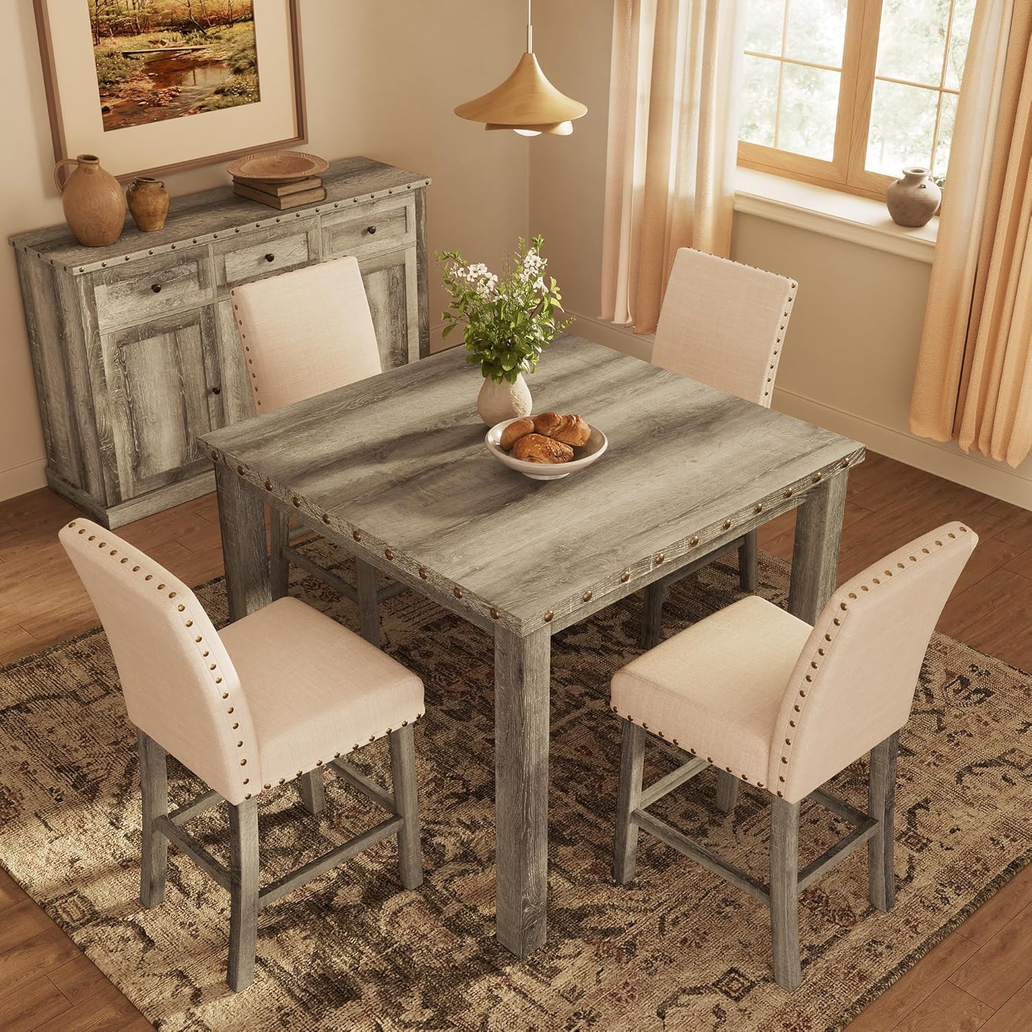 Counter Height Dining Table Set for 4,Farmhouse Dining Table Set for 4,Square Bar Kitchen Dining Table with 4 Bar Stools,High Dining Table and Chairs for Dining Room, Kitchen