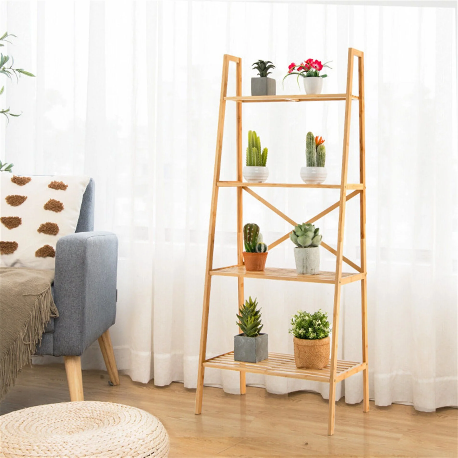 58 Inch 4-Tier Bamboo Ladder Bookshelf