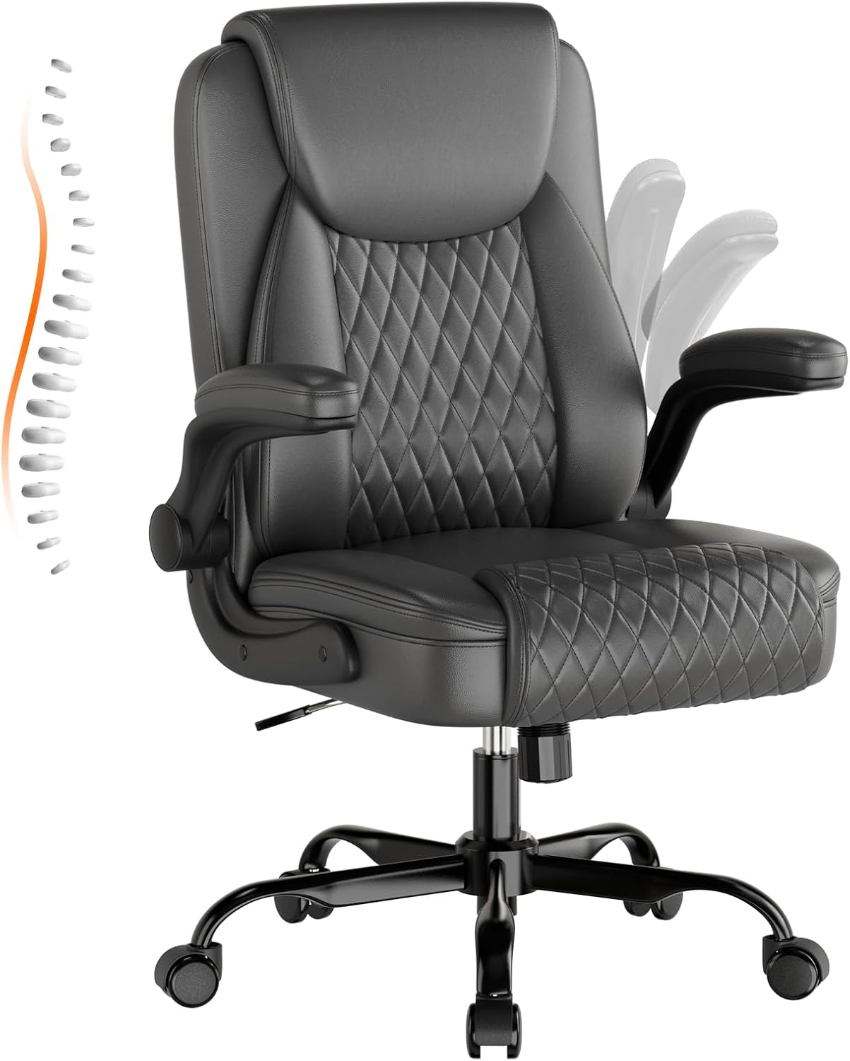 GTPLAYER Leather Office Chair, Home Desk Chair with Flip-up Arms and Ergonomic Back - Comfy Heavy Duty Executive Chair for Home Office Gaming, Gray