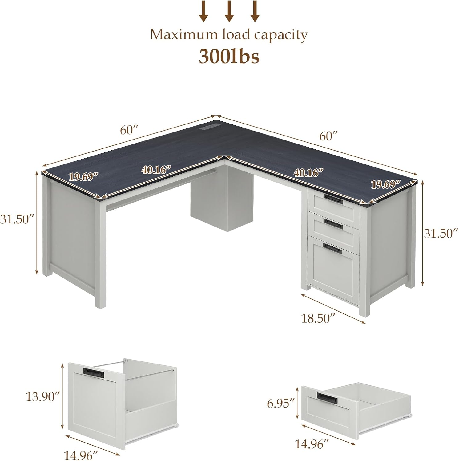 Farmhouse L Shaped Executive Desk with Drawers and Storage Shelf, Corner Standing Desk with Charging Station L-Shaped Executive Desks for for Home Office, Study, Bedroom