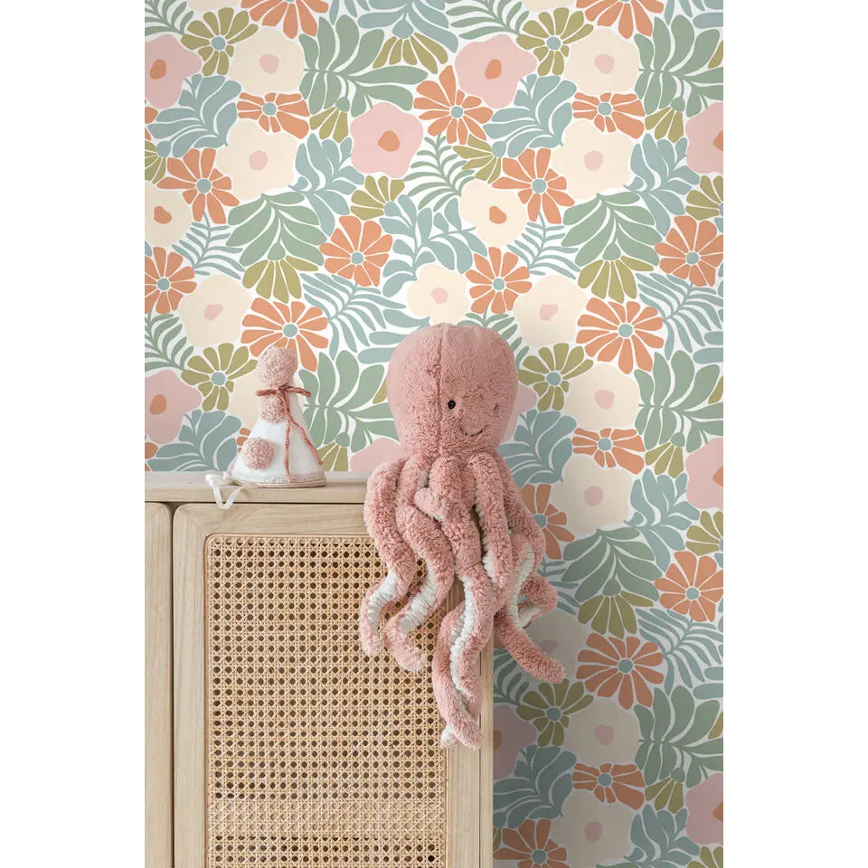 ESTAhome behang bloemen in Matisse stijl turquoise, oranje, olijfgroen en beige