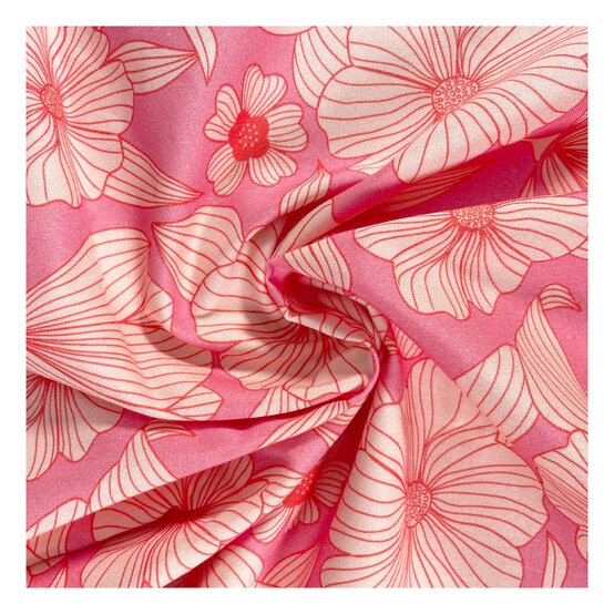 Pink Line Flower Viscose Fabric by the Metre