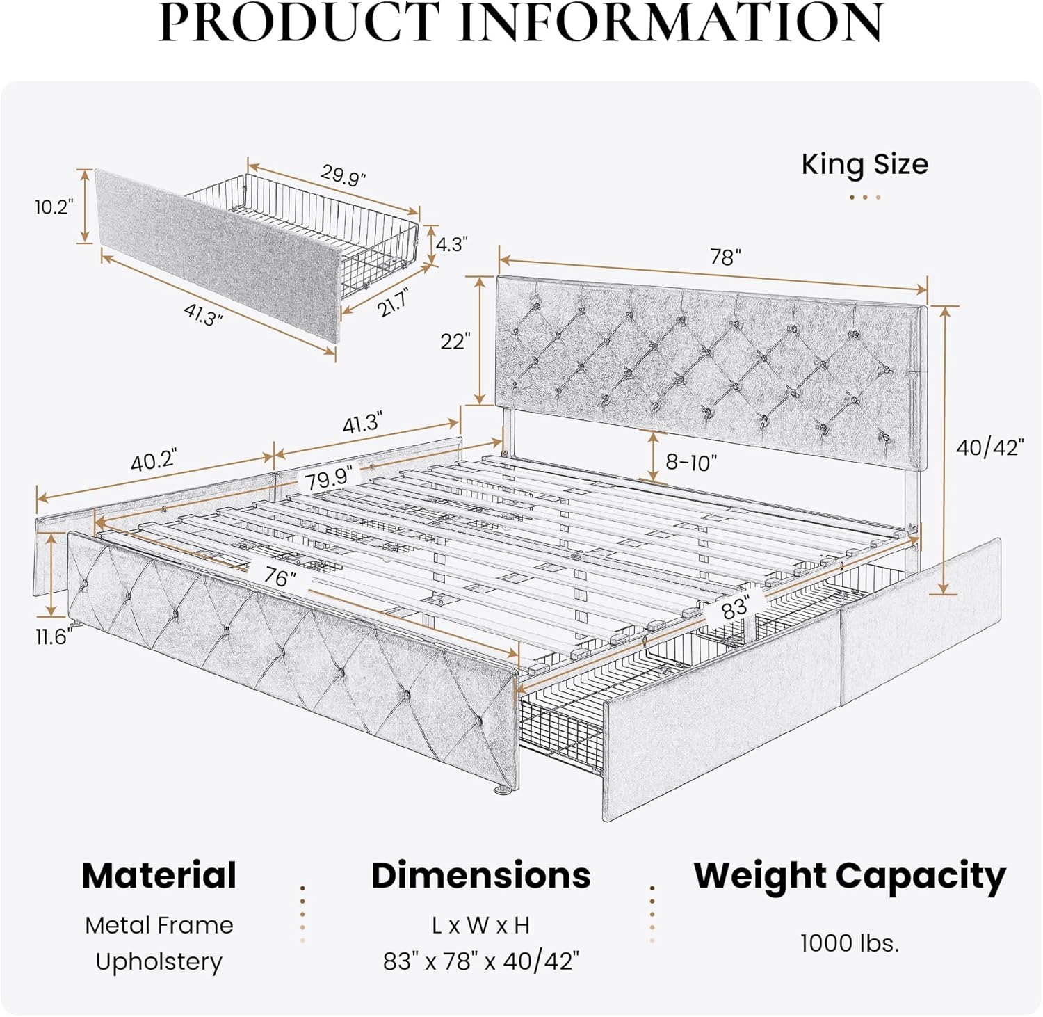 SHA CERLIN Upholstered King Size Platform Bed Frame with 4 Storage Drawers, Adjustable Headboard with Diamond Stitched Button Tufted Design, Wooden Slat Support, No Box Spring Needed, Light Grey