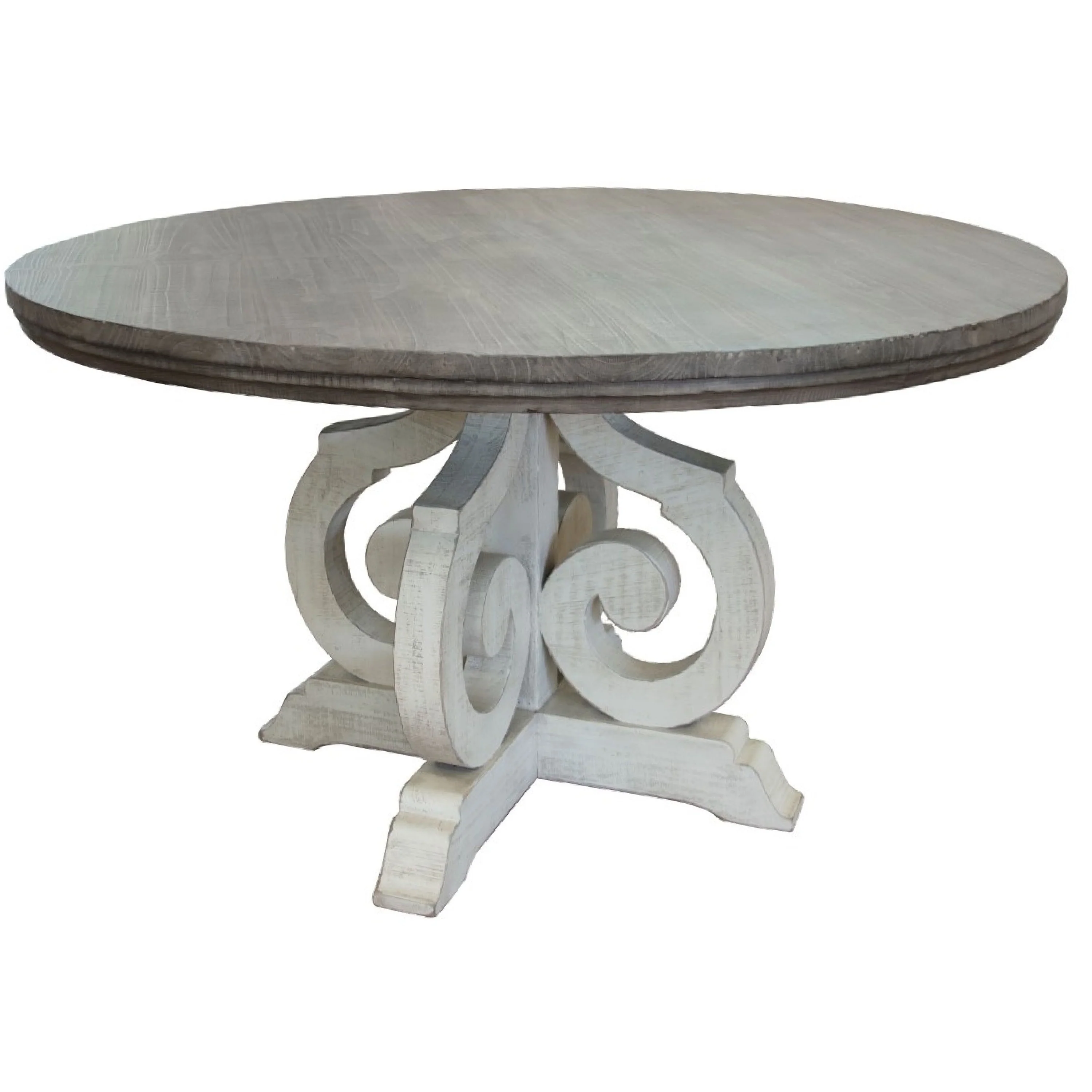 Sim Dining Table, Gray, White Solid Pine Wood, Scrolled Base, 60 Inch