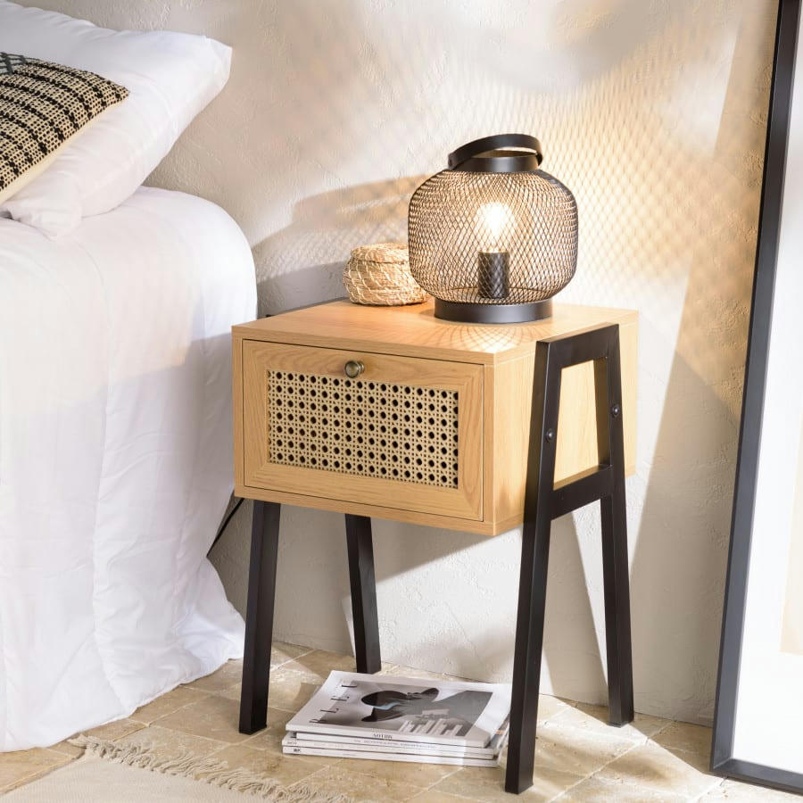 CHARLIE - Chevet marron 1 tiroir effet cannage pieds inclinés métal noir