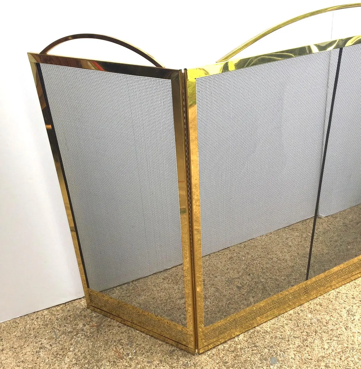 Fireplace Screen Brass Mesh Vintage Brass Plate MCM 3 Panel Large 35in H Black Mesh Folding Fire Screen Bordered Hearth Mid Century Mod