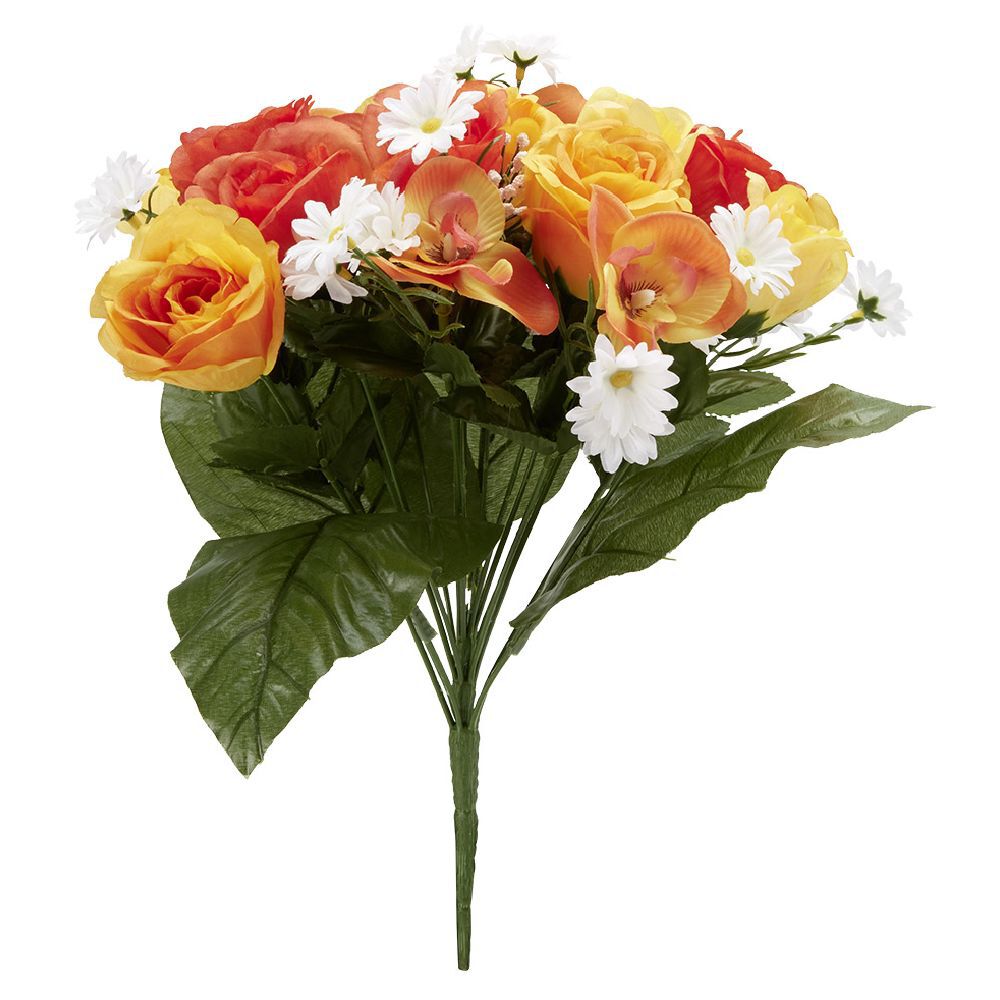 Piquet rose orchidée pâquerette H40 cm jaune - Fleur artificielle 18 têtes