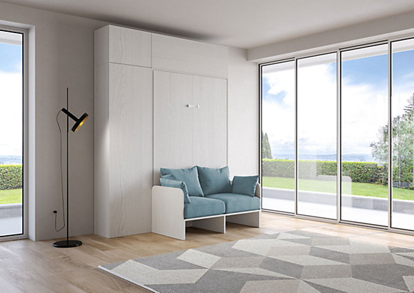 Lit double escamotable français Kentaro 140 cm avec canapé et meubles en frêne blanc, bleu clair