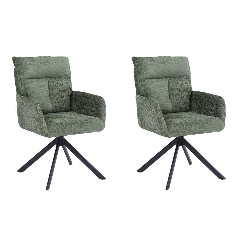 Home Deluxe ALUNA chenille eetkamerstoel met armleuningen - set van 2 Groen