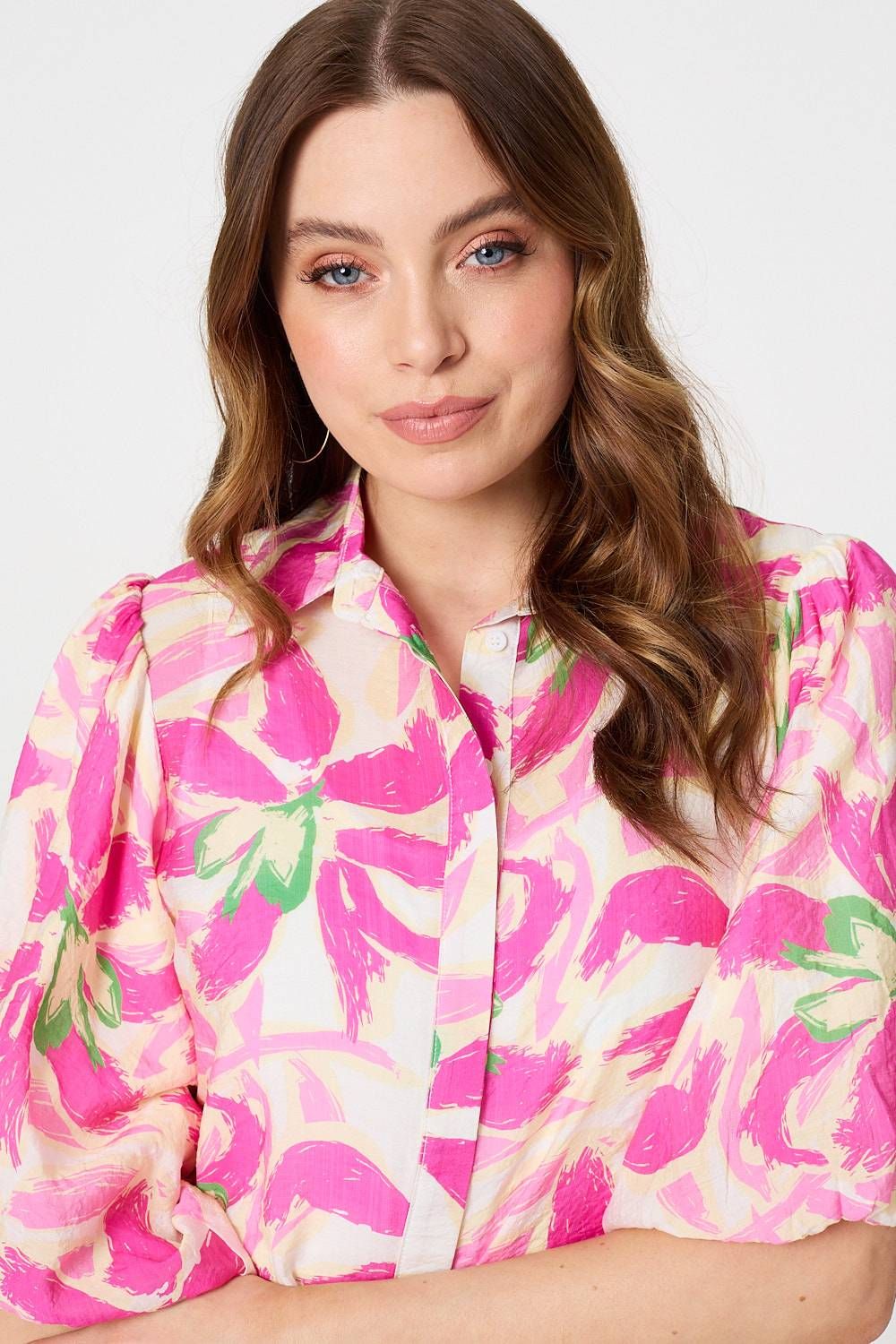 Izabel London Floral Puff Sleeve Collared Shirt