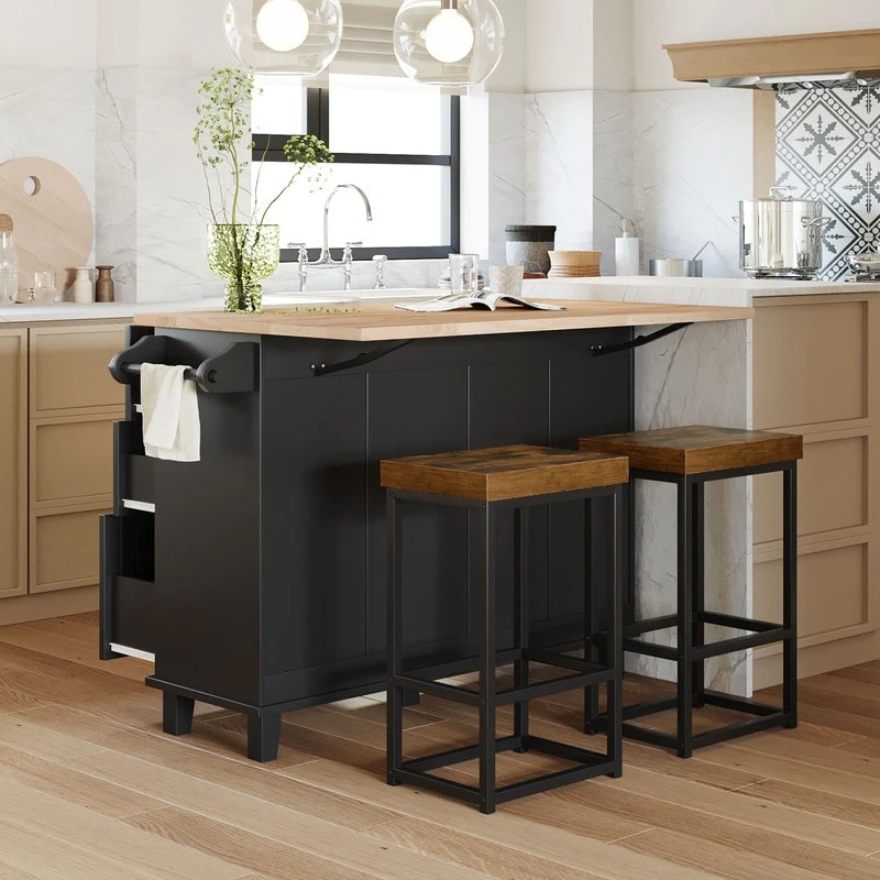 3-Piece Kitchen Island Set with Drop Leaf and 2 Seatings, Dining Table Set with Storage Cabinet, Drawers and Towel Rack