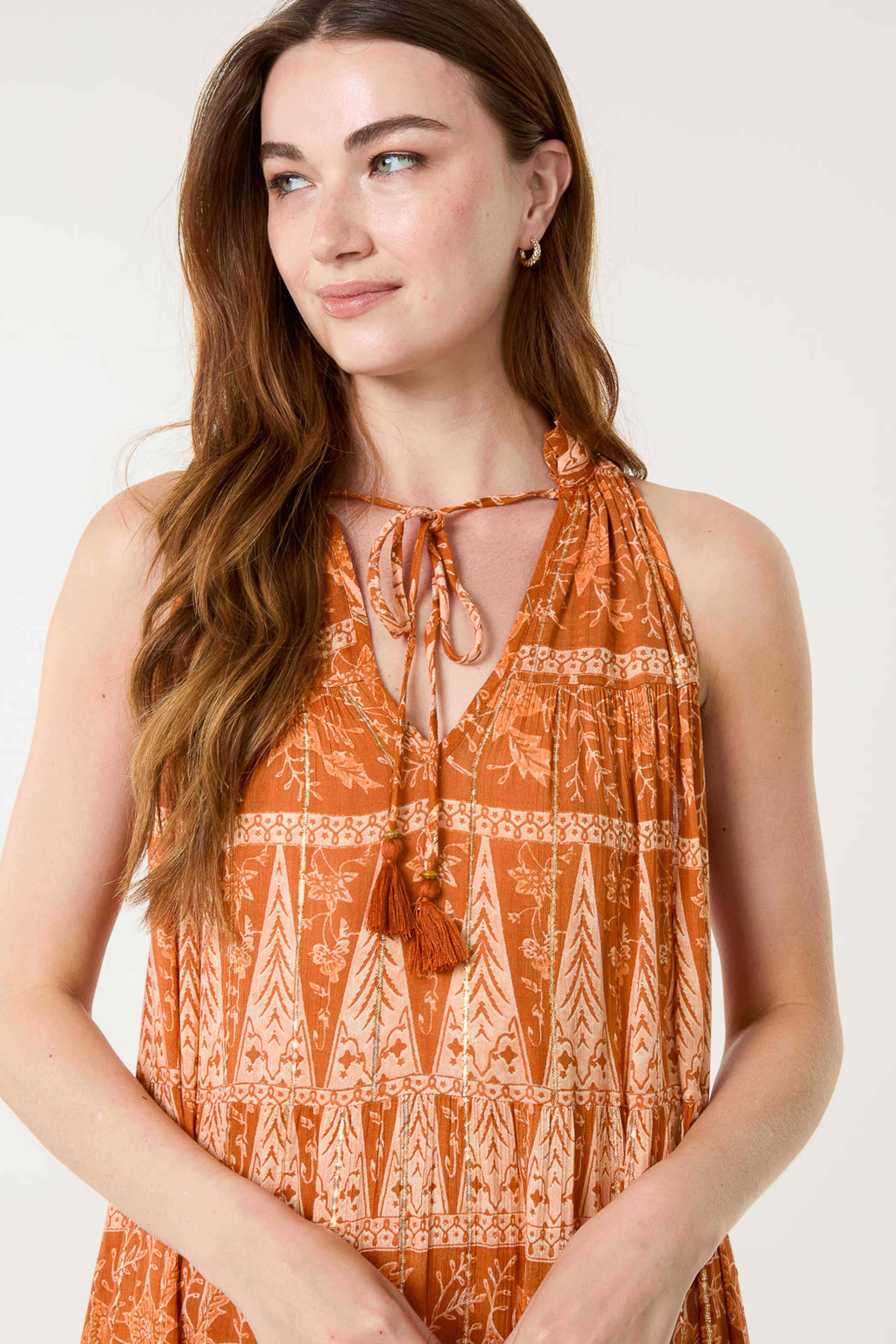 Blue Vanilla Burnt Orange Tie Neck Maxi Dress