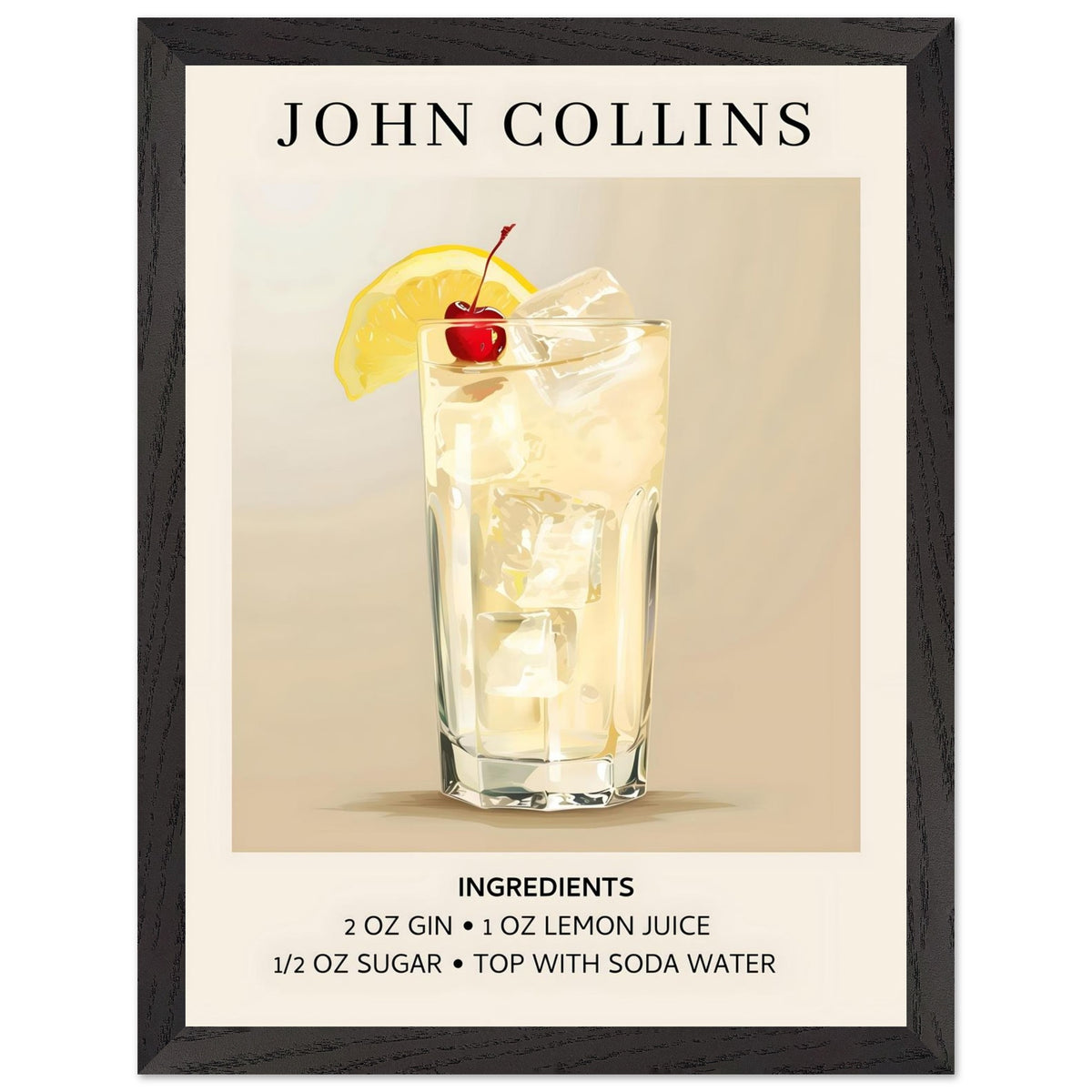 Artfulprints Poster met Lijst John Collins cocktail - Ingrediënten  - 30x40 cm - Taupe