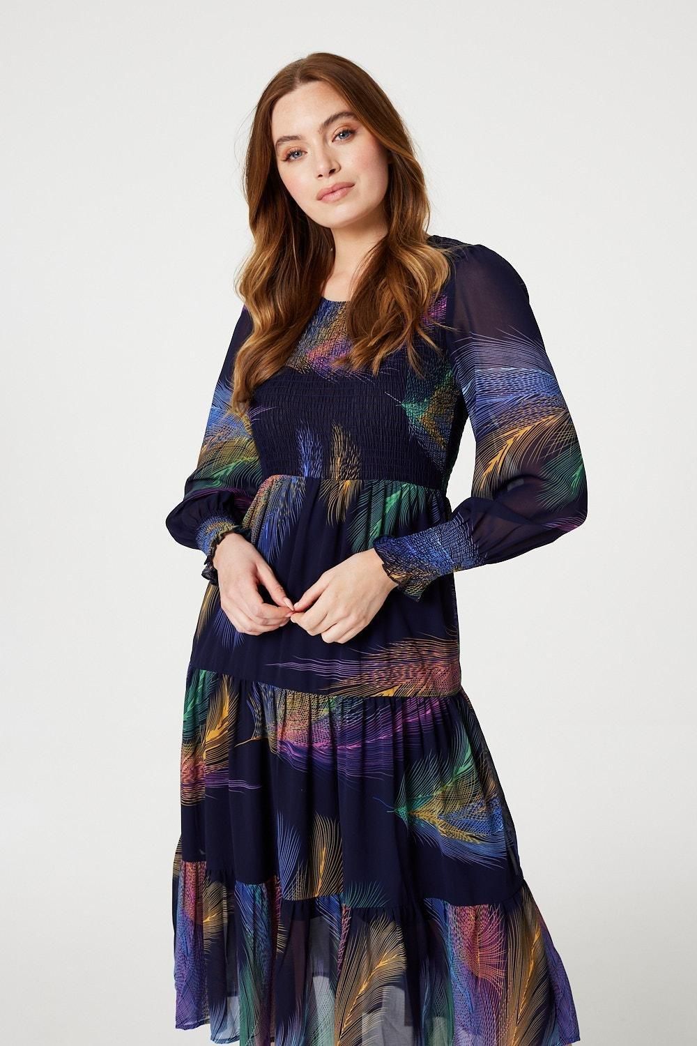 Izabel London Feather Print Midi Smock Dress