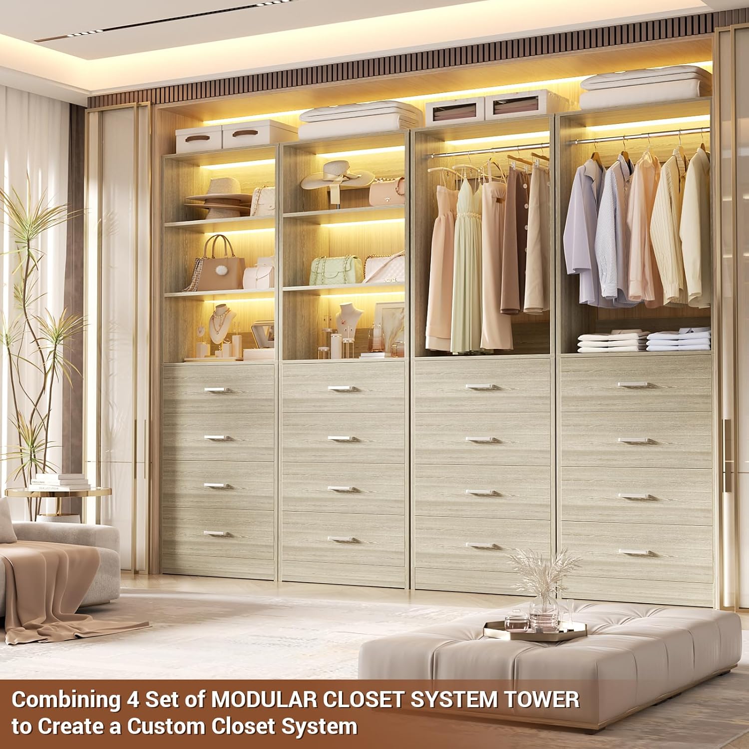 Aheaplus Wood Closet Organizer System with 4 Drawers, Modular Walk-in Closet Storage Unit, Small Closets Wardrobe Rack, Tall Storage Cabinet Unit, White Oak