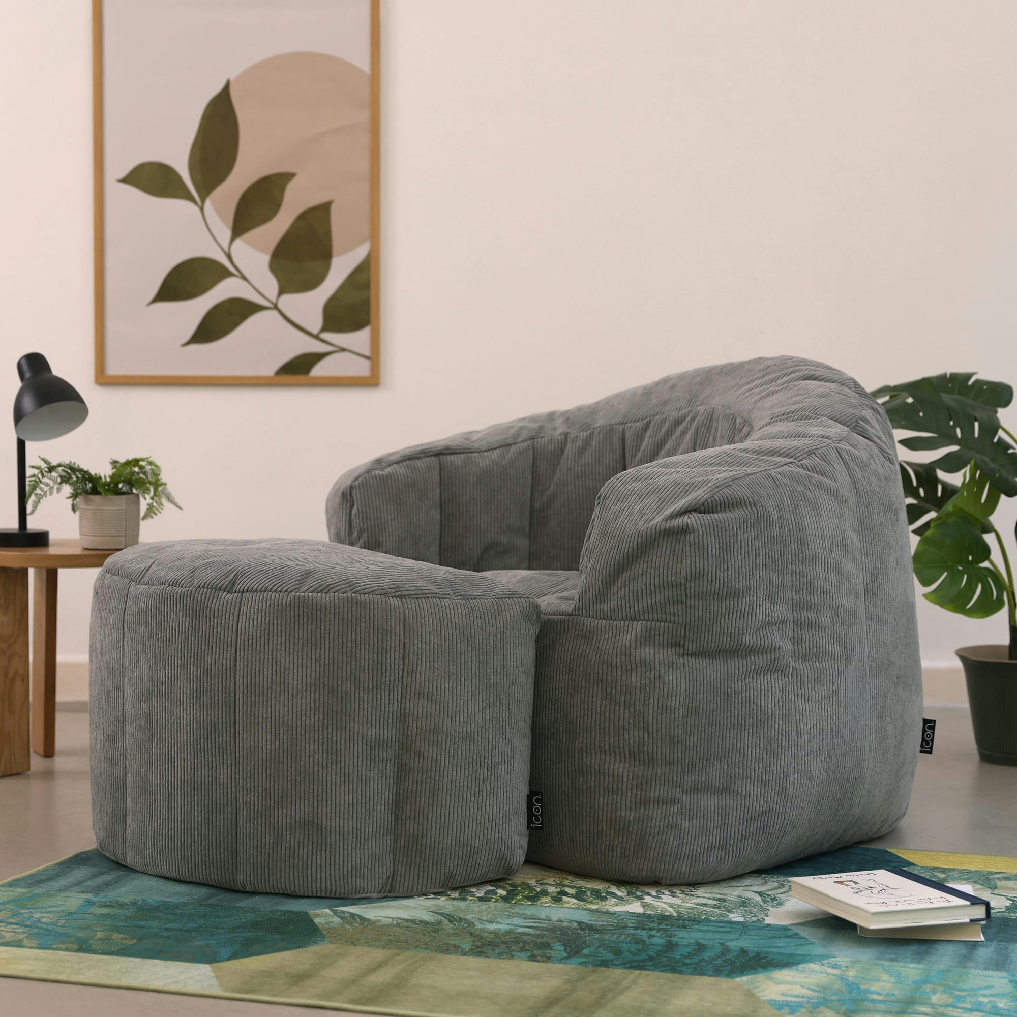 CLARA - Pouf fauteuil en velours côtelé et repose-pieds en demi-lune gris