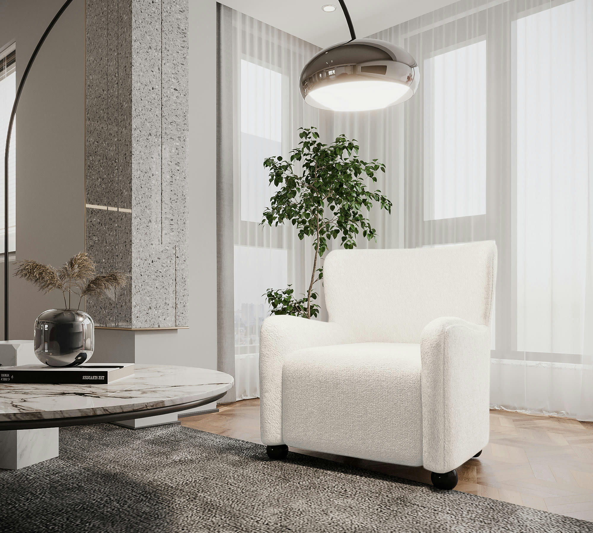 BRUNA - Fauteuil blanc effet laine bouclée