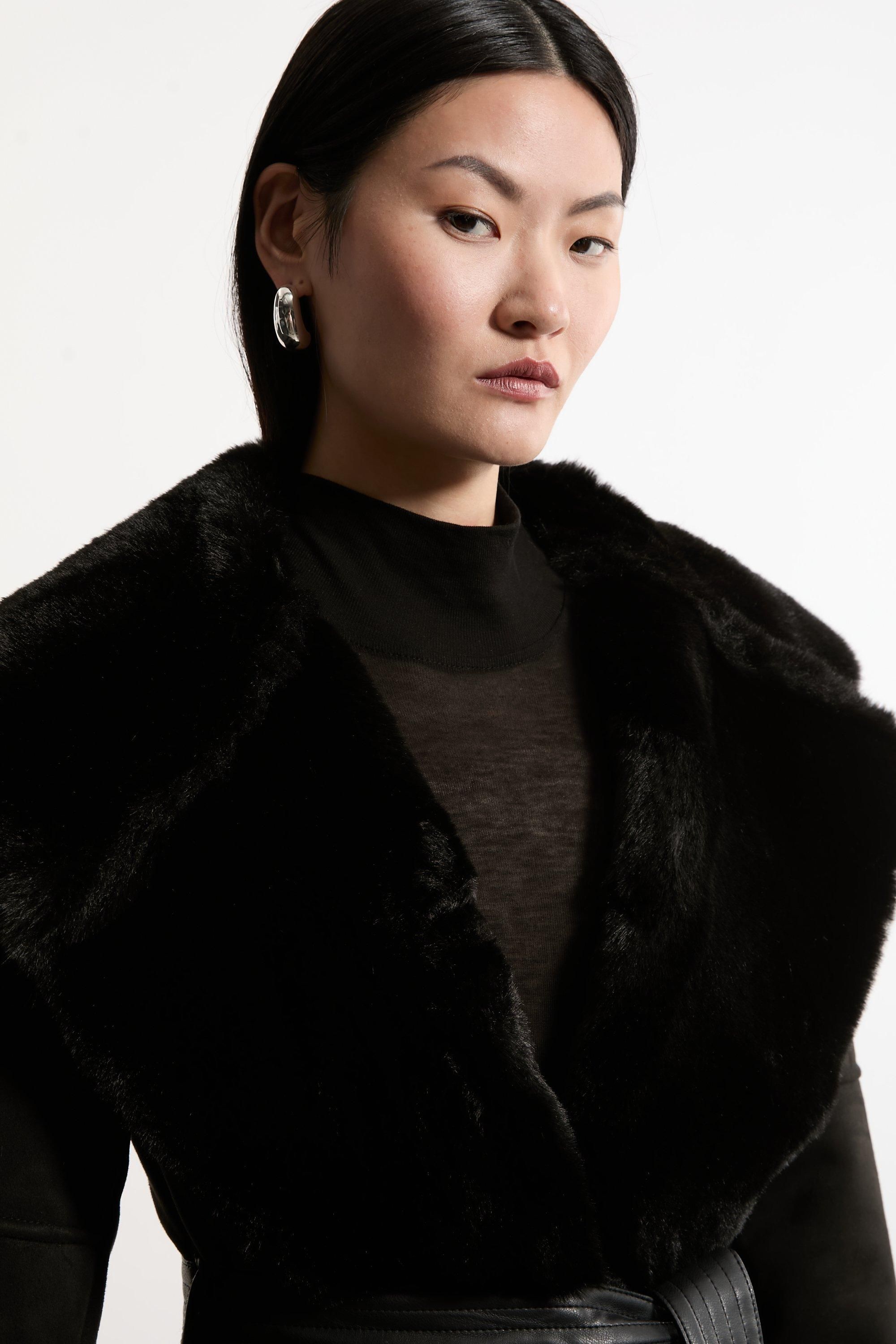 KarenMillen Faux Shearling Collar & Cuff Belted Short Coat