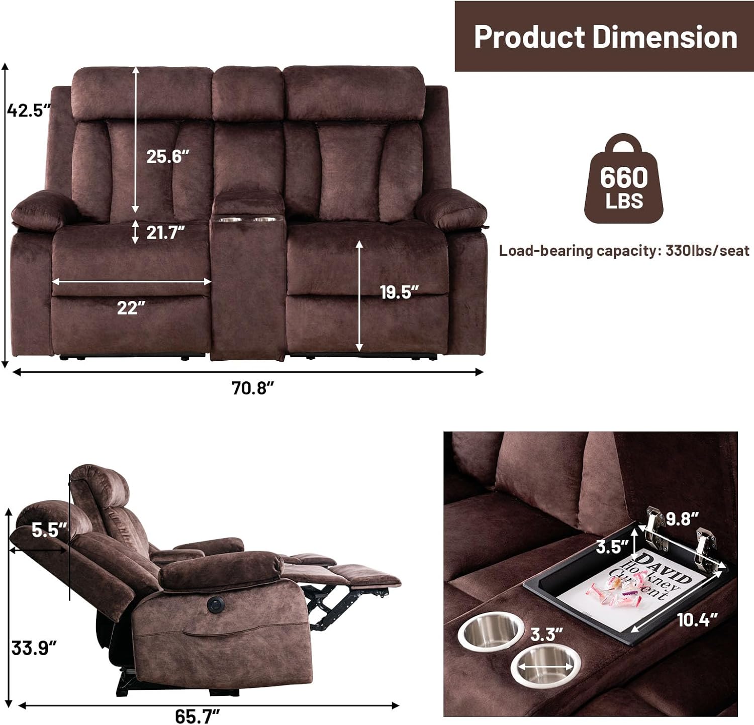 Power Reclining Loveseat with Console, Electric Double Recliner with USB/Type C/Side Pocket/Cup Holders, RV Recliners Wall Hugger Reclining Loveseat for Living Room & RV & Home Theater