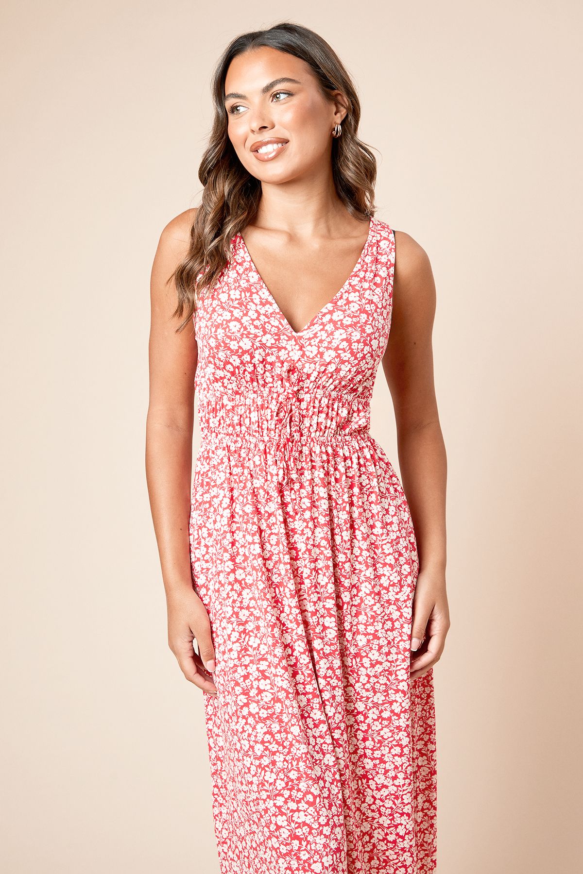 Dorothy Perkins Red Ditsy Channel Waist Jersey Midi Dress