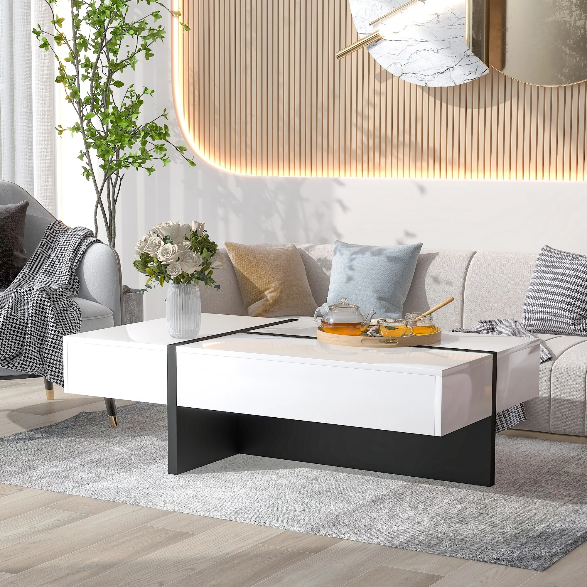 Rectangle Coffee Table with Drawers, Modern T-Shaped Base Coffee Table Cocktail Table,Storage Center Table for Living Room