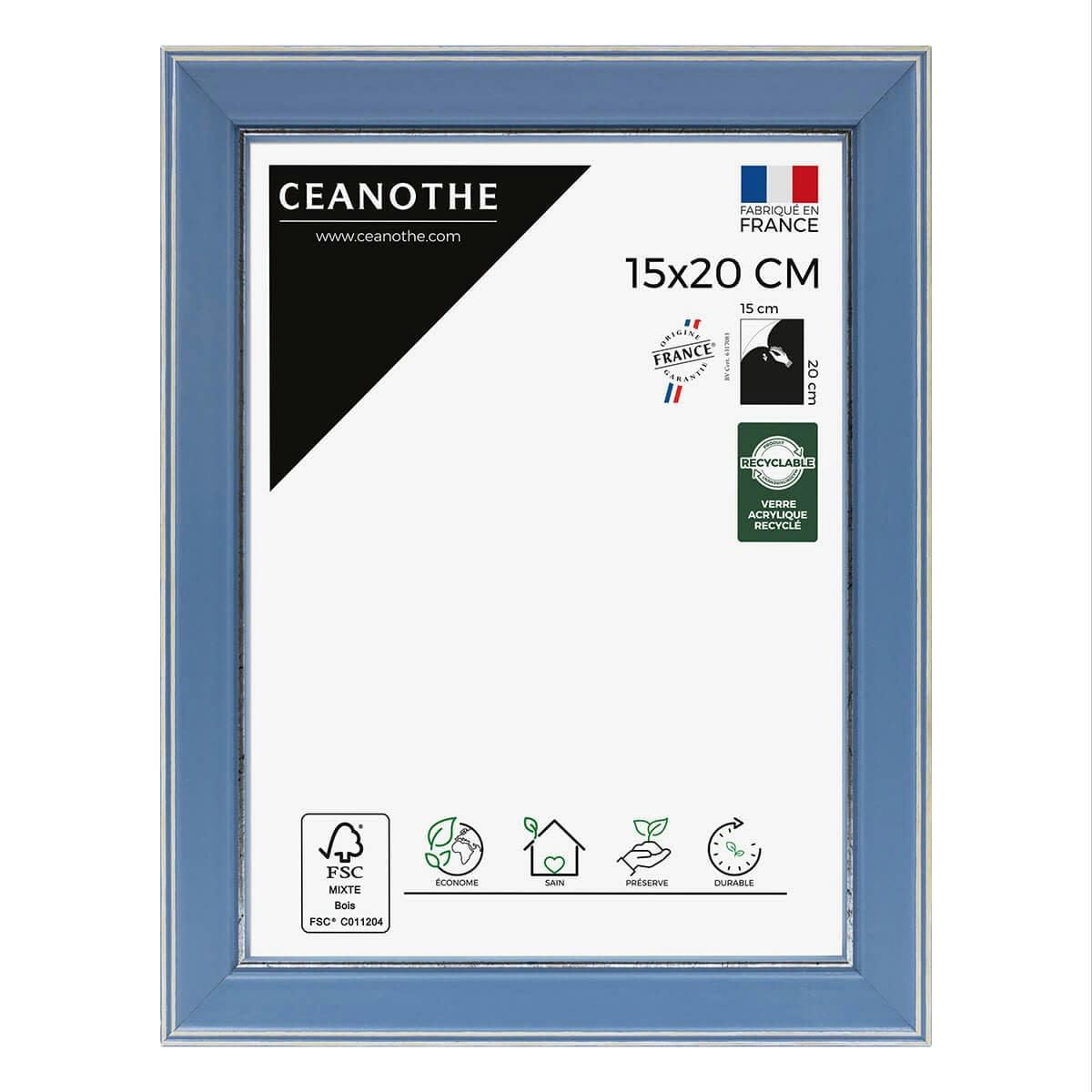 VITTORIA - Cadre photo bleu à la finition argent patiné 15x20 cm bois massif fsc